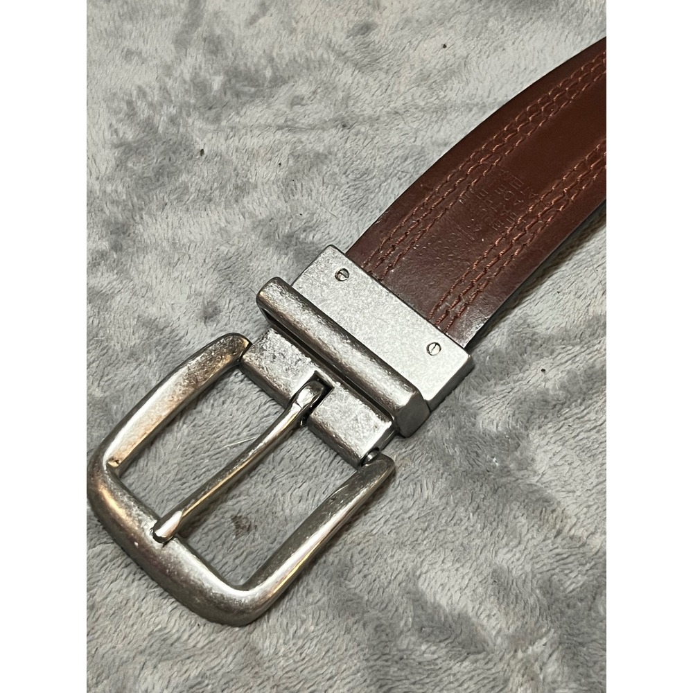Fossil Leather Belt Sz 38 Brown Black Reversible Silver Buckle Mens Casual Y2K